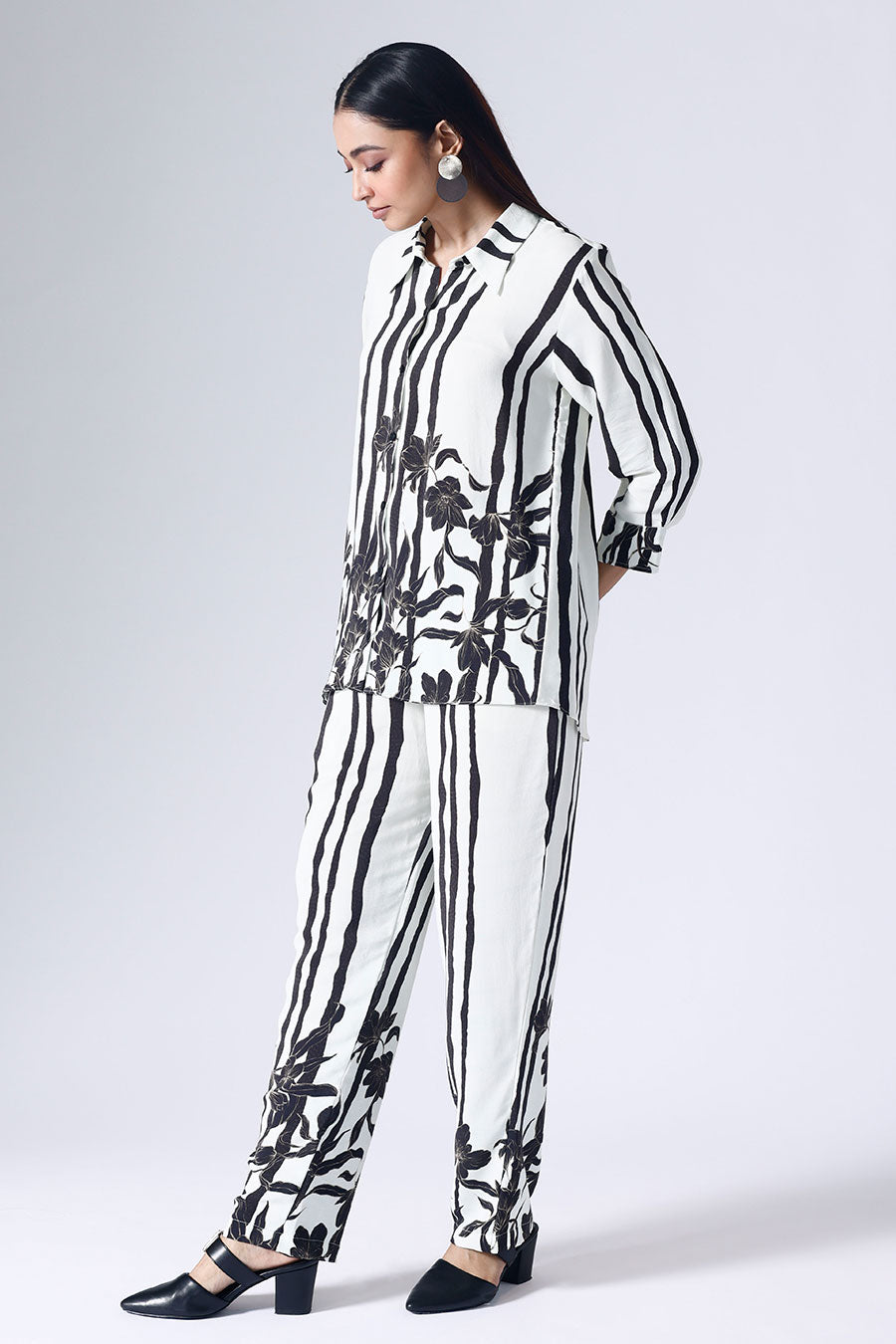 Black & White Floral Stripe Shirt With Pant Co-Ord Set