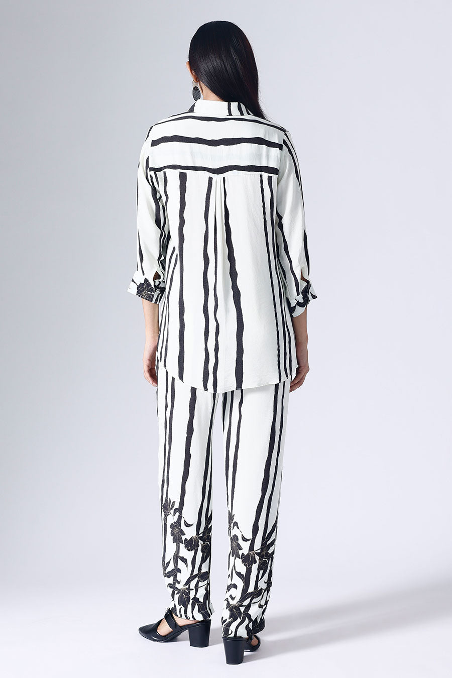 Black & White Floral Stripe Shirt With Pant Co-Ord Set