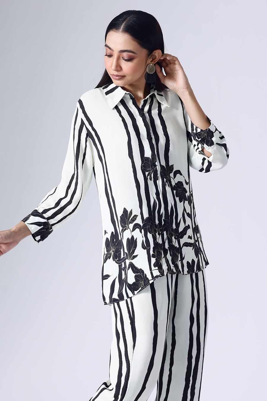Black & White Floral Stripe Shirt With Pant Co-Ord Set