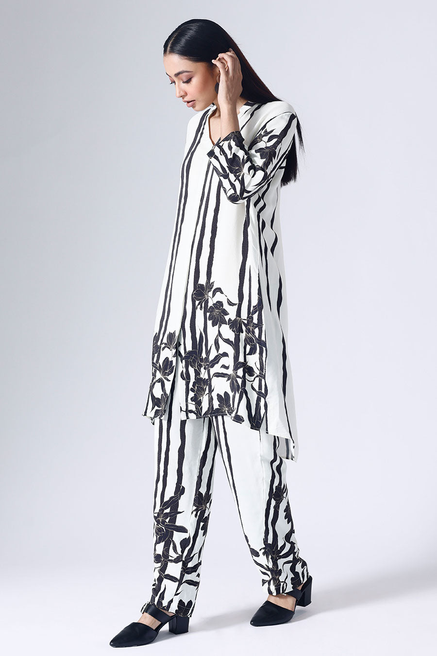 Black & White Floral Stripe Tunic With Pant Set