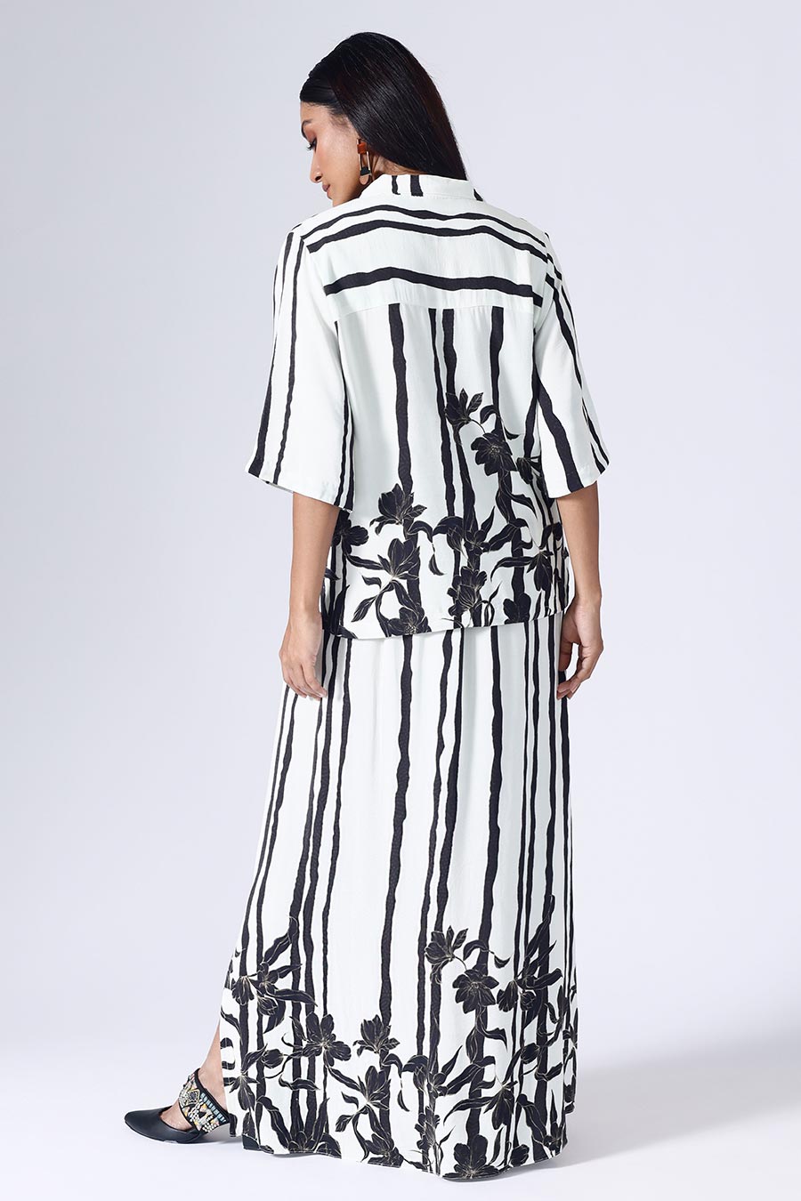 Black & White Floral Stripe Skirt Co-Ord Set