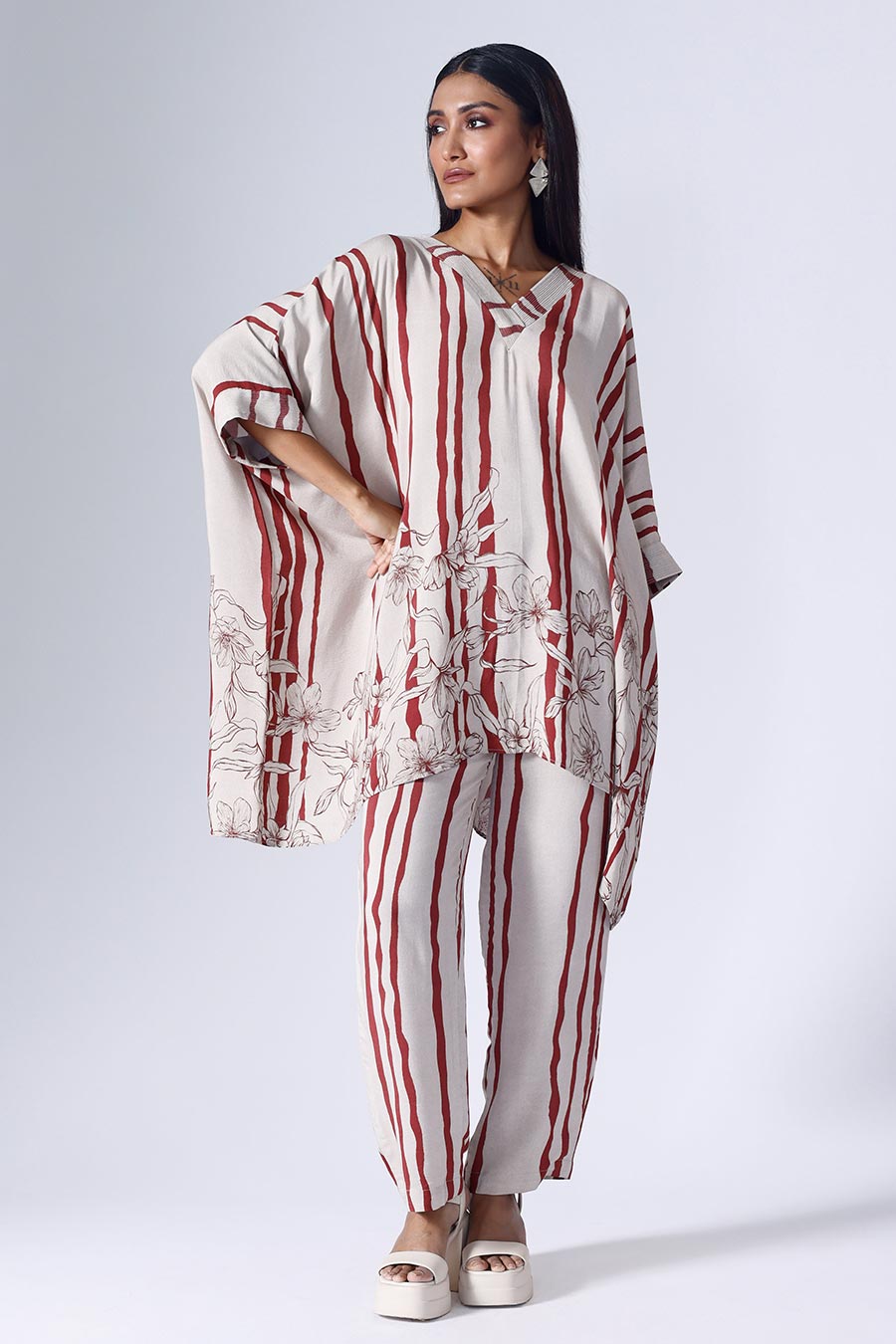 Maroon & Taupe Floral Stripe Short Kaftan Set