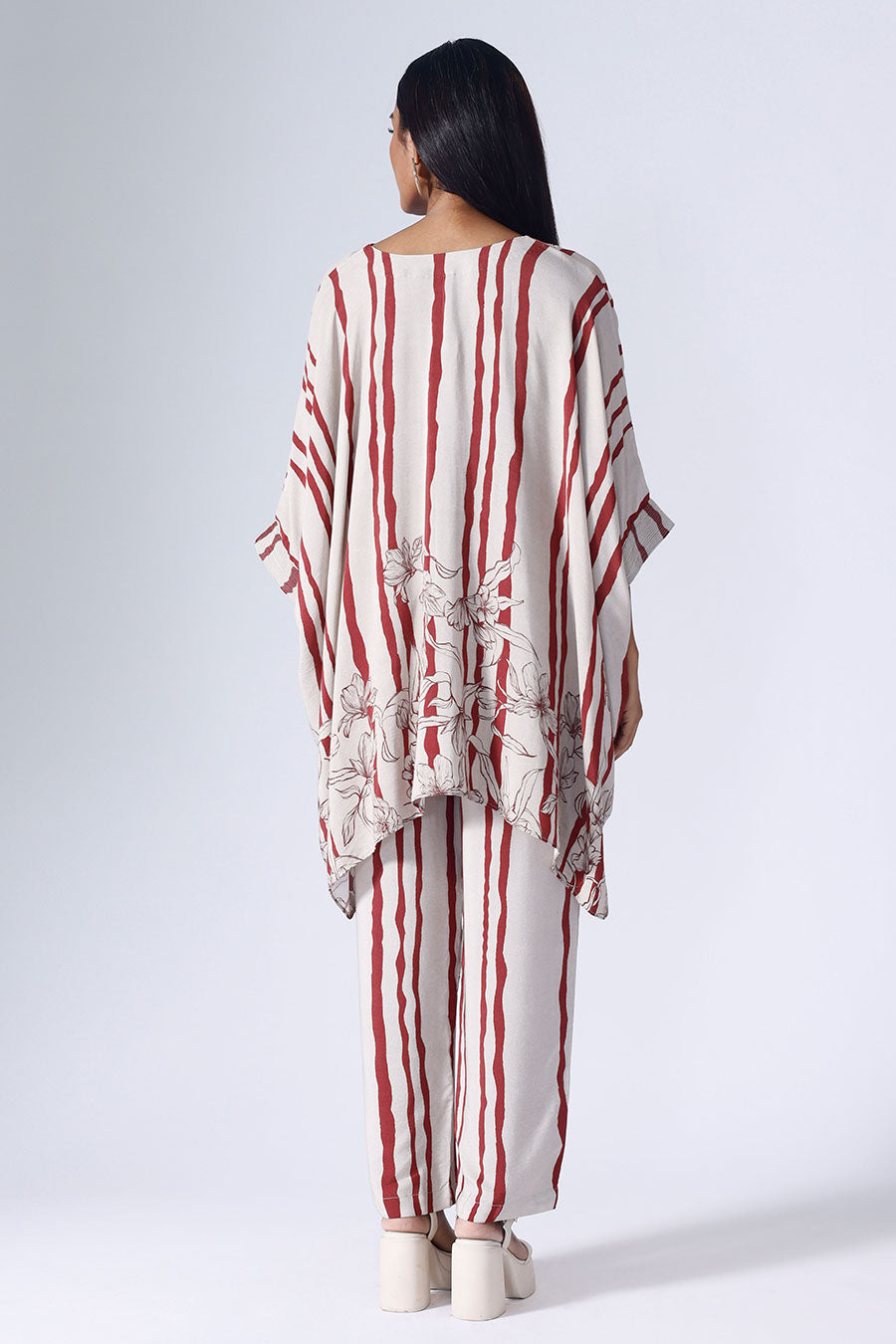 Maroon & Taupe Floral Stripe Short Kaftan Set