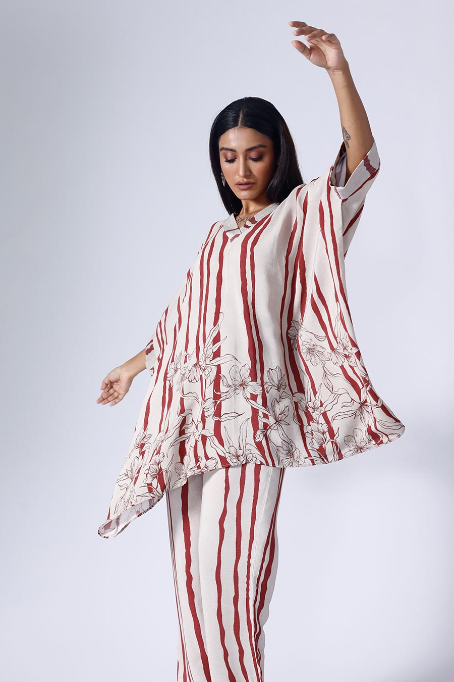 Maroon & Taupe Floral Stripe Short Kaftan Set