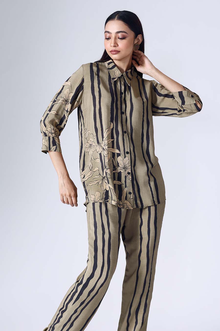 Olive & Black Floral Stripe Shirt With Pant Co-Ord Set