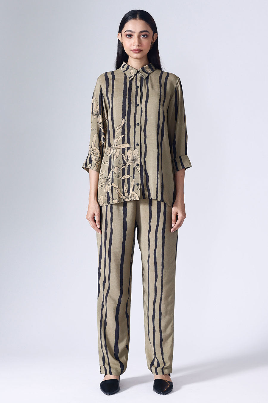 Olive & Black Floral Stripe Shirt