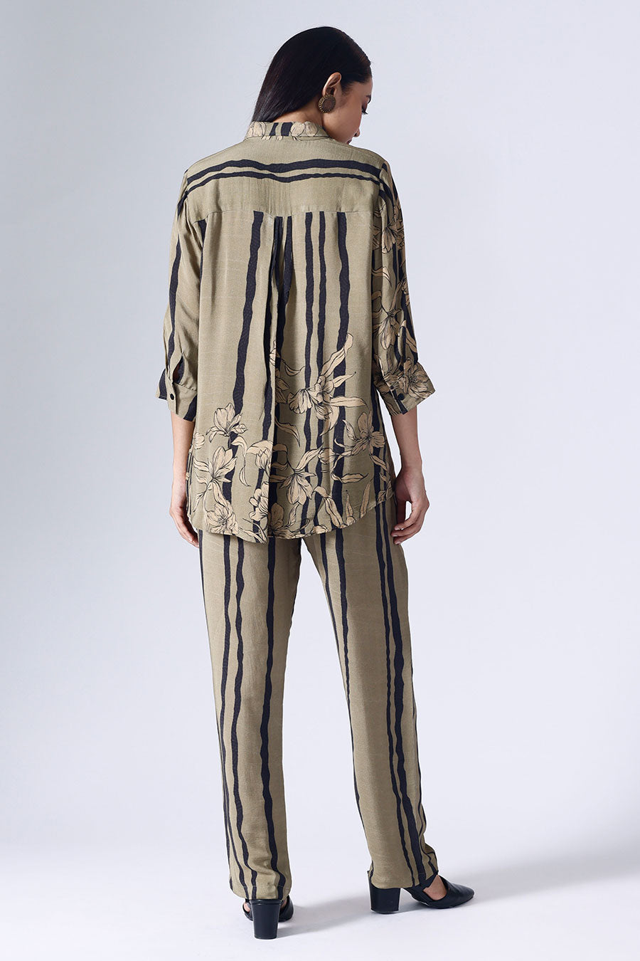 Olive & Black Floral Stripe Shirt