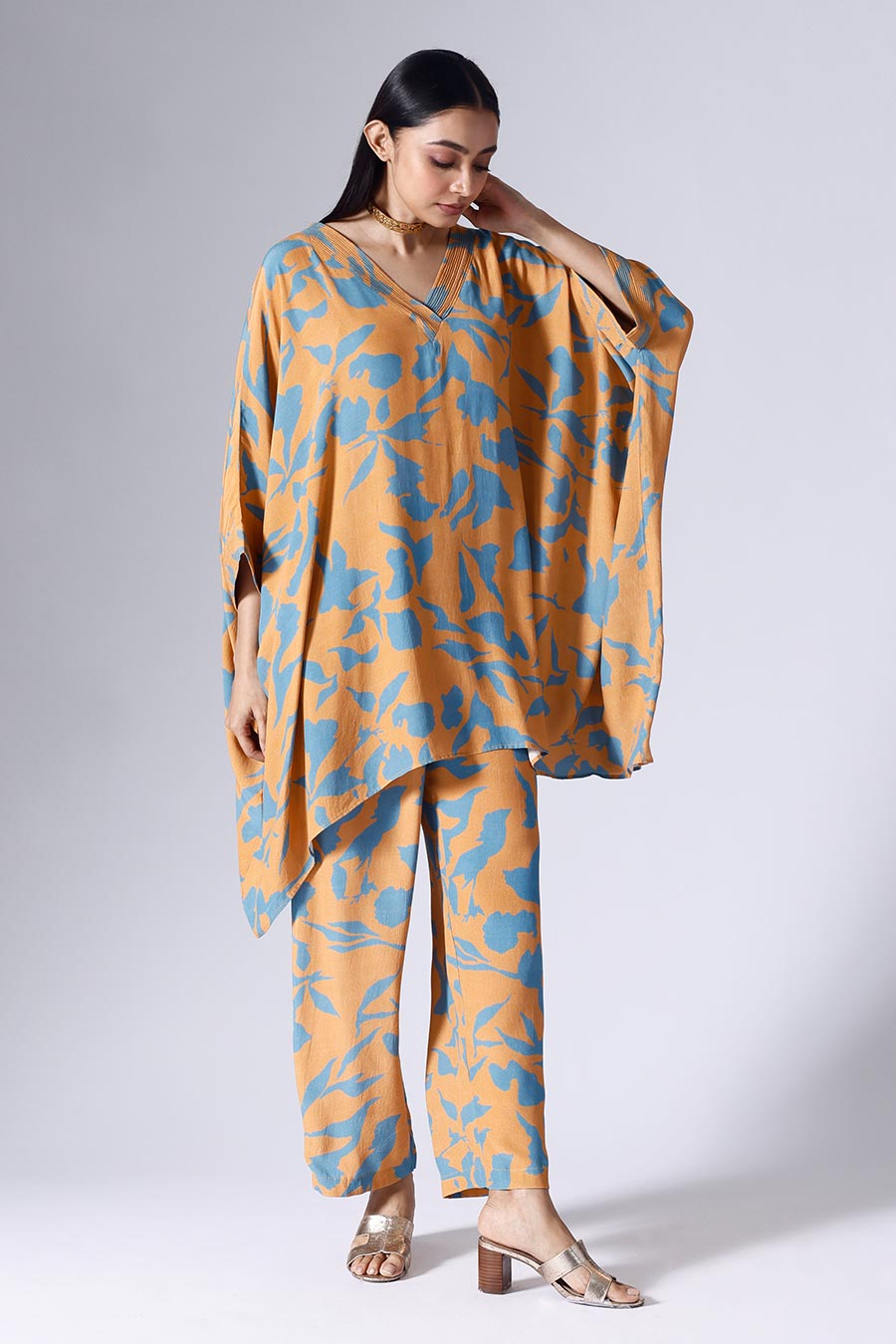 Orange Foliage Short Kaftan Set