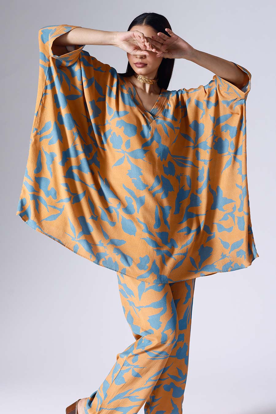 Orange Foliage Short Kaftan Set