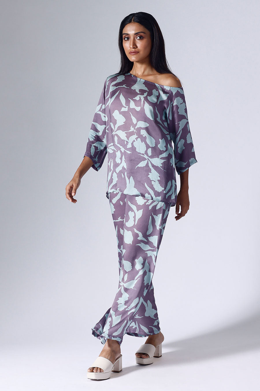 Purple Foliage One-Shoulder Top & Pant Co-Ord Set