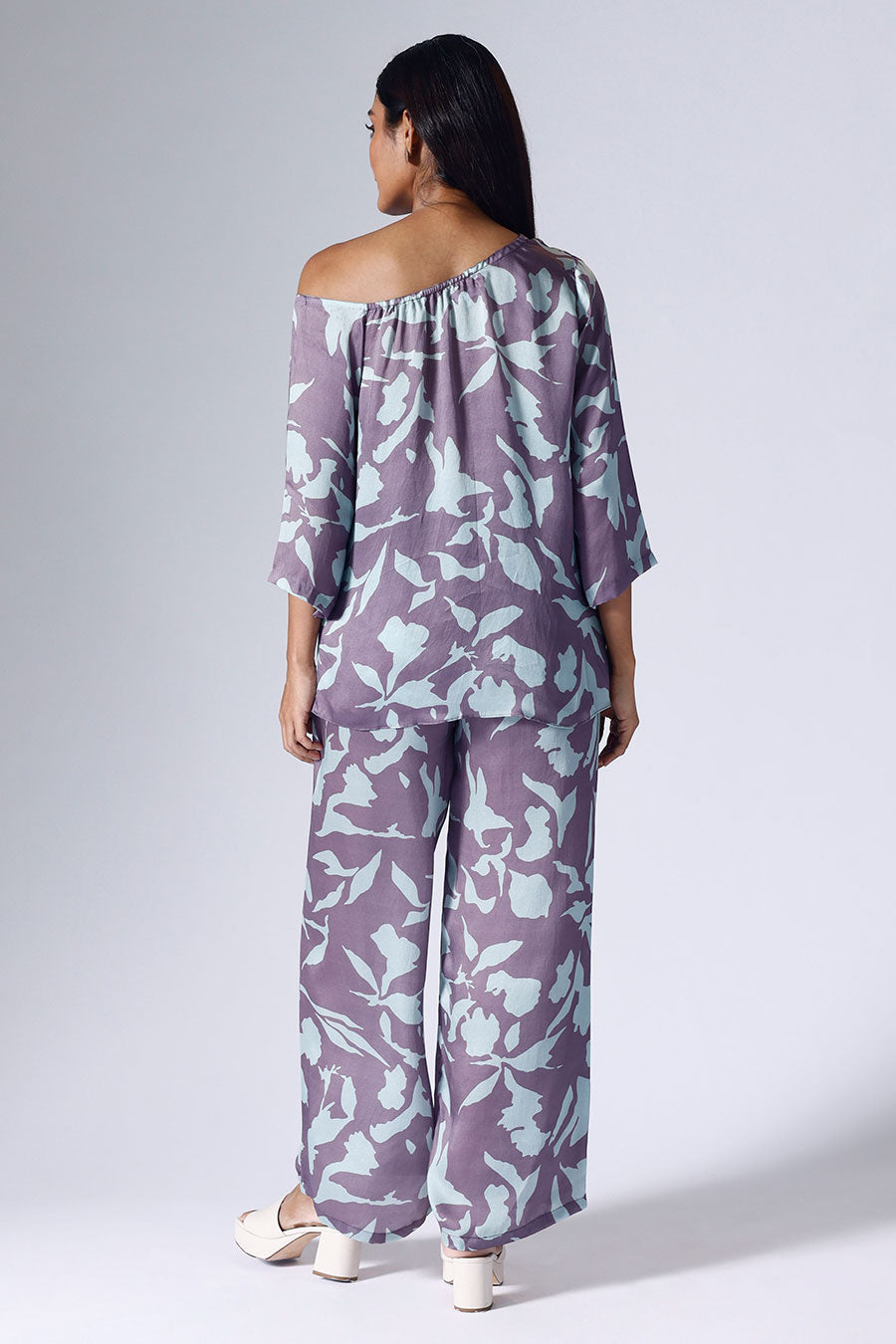 Purple Foliage One-Shoulder Top & Pant Co-Ord Set