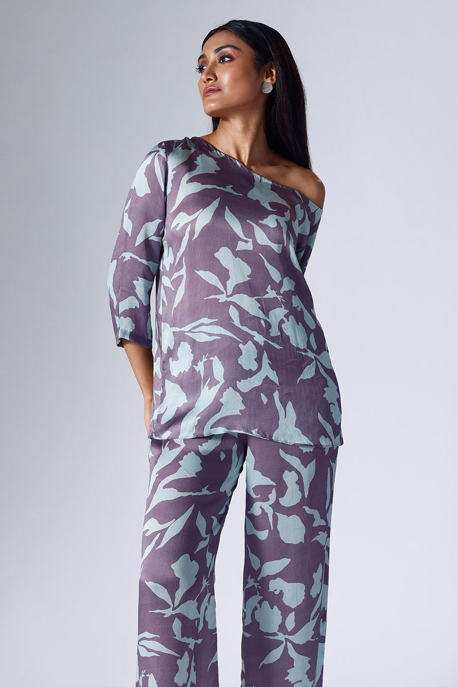 Purple Foliage One-Shoulder Top & Pant Co-Ord Set