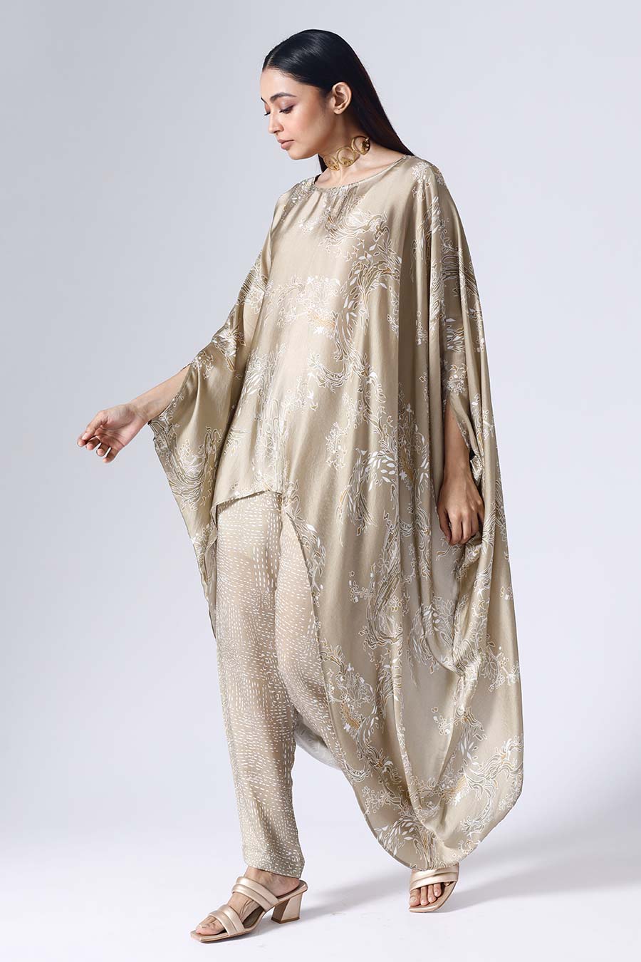 Beige Lotus Poncho Set