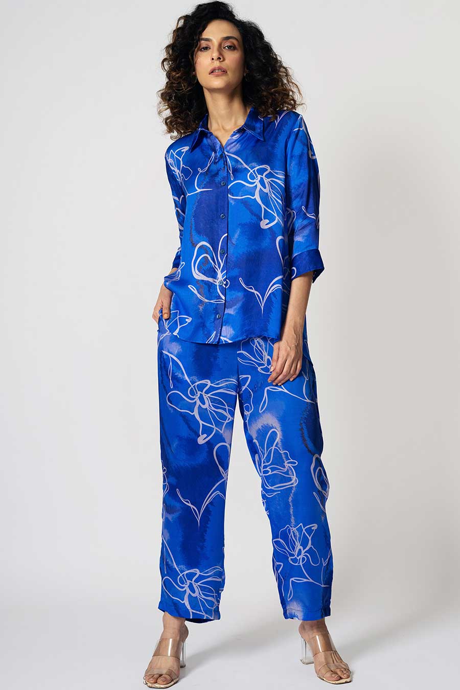 Blue Marbled Floral Printed Shirt & Pant Co-Ord Set