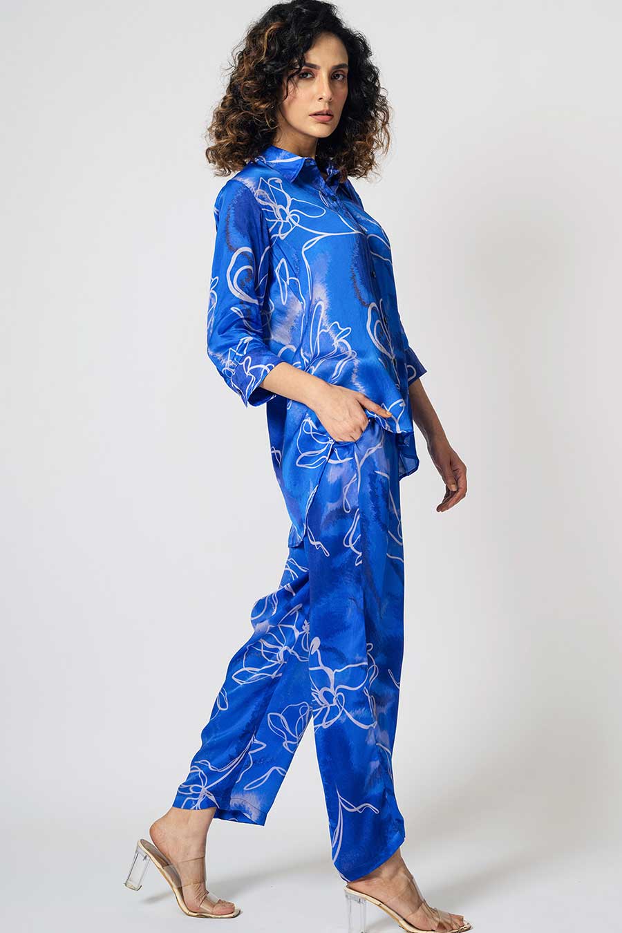 Blue Marbled Floral Printed Shirt & Pant Co-Ord Set