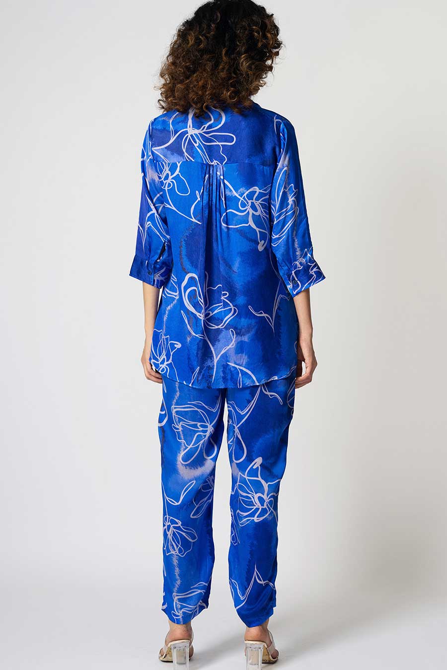 Blue Marbled Floral Printed Shirt & Pant Co-Ord Set