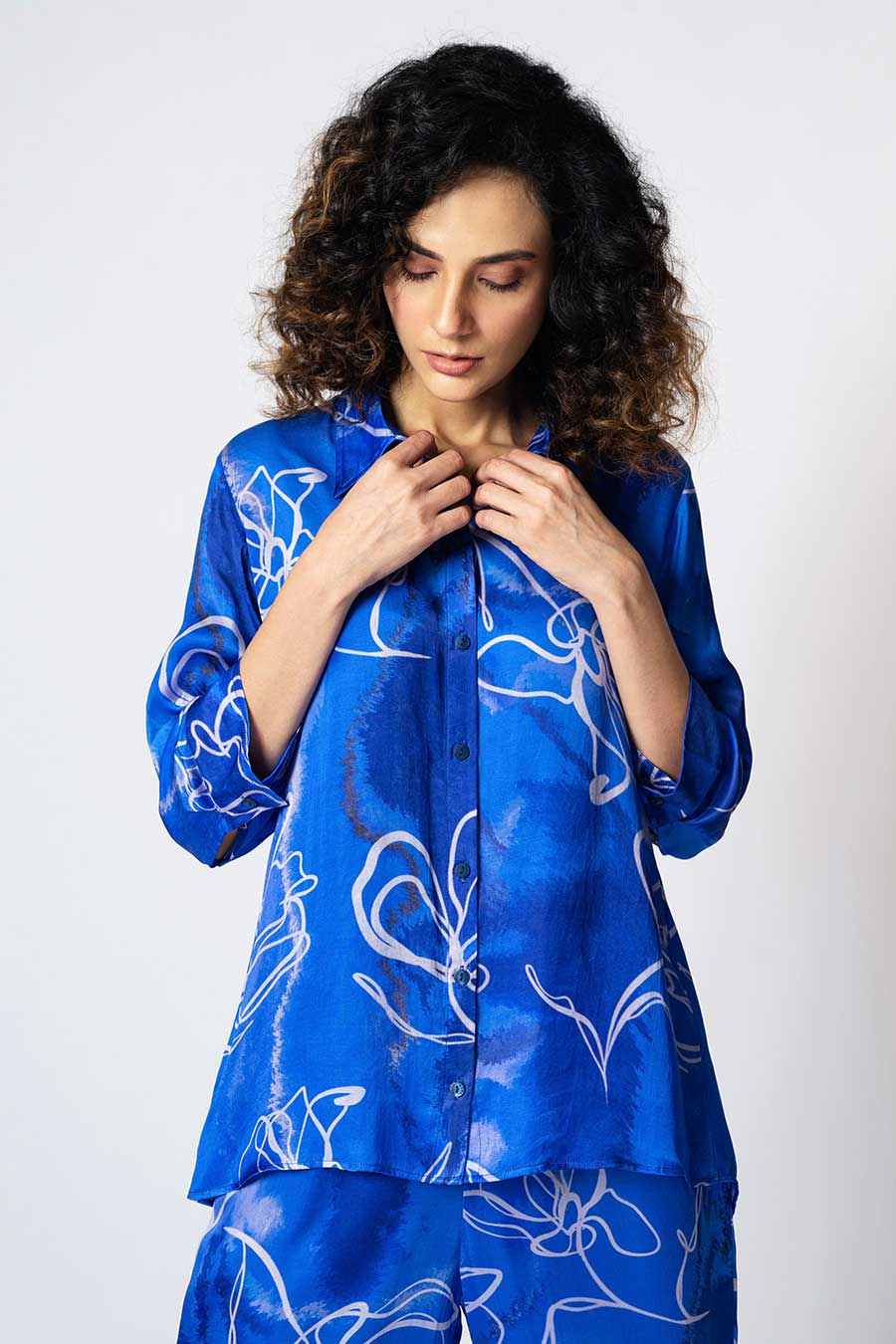 Blue Marbled Floral Printed Shirt & Pant Co-Ord Set