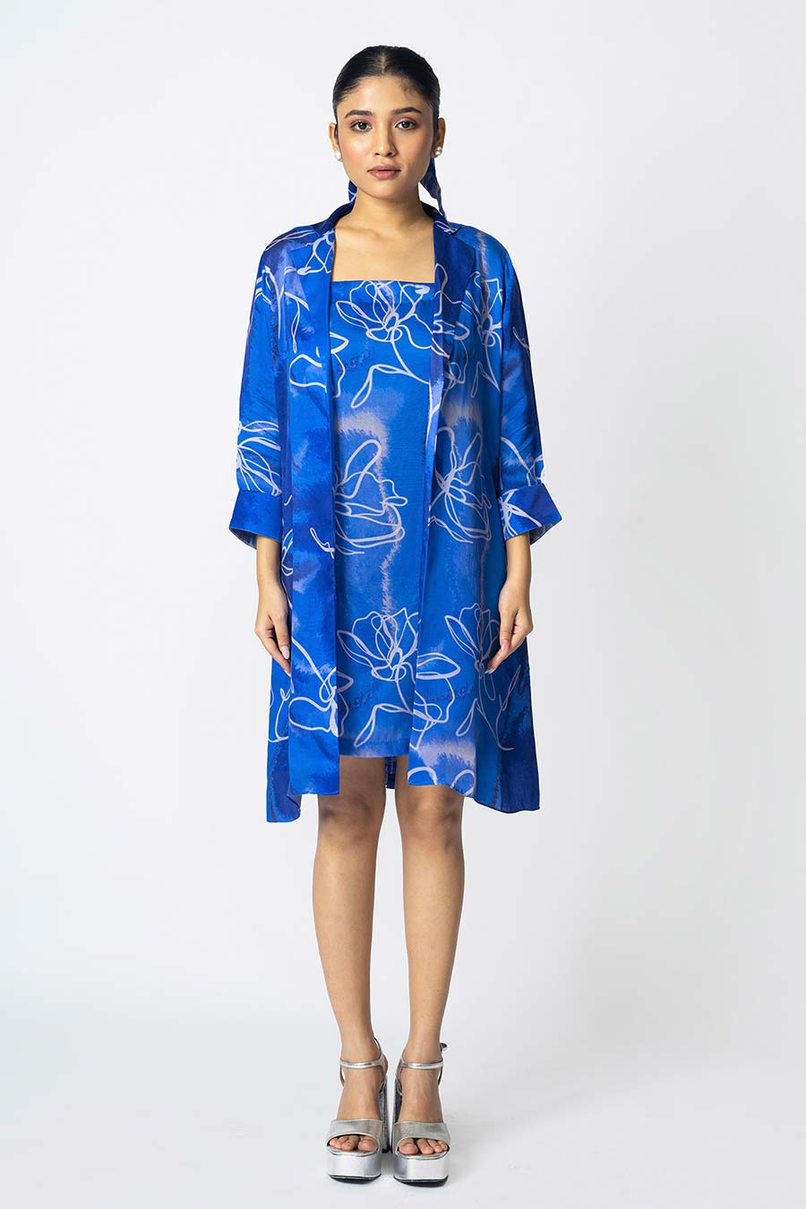 Blue Marbled Floral Printed Jacket With Slip Dress