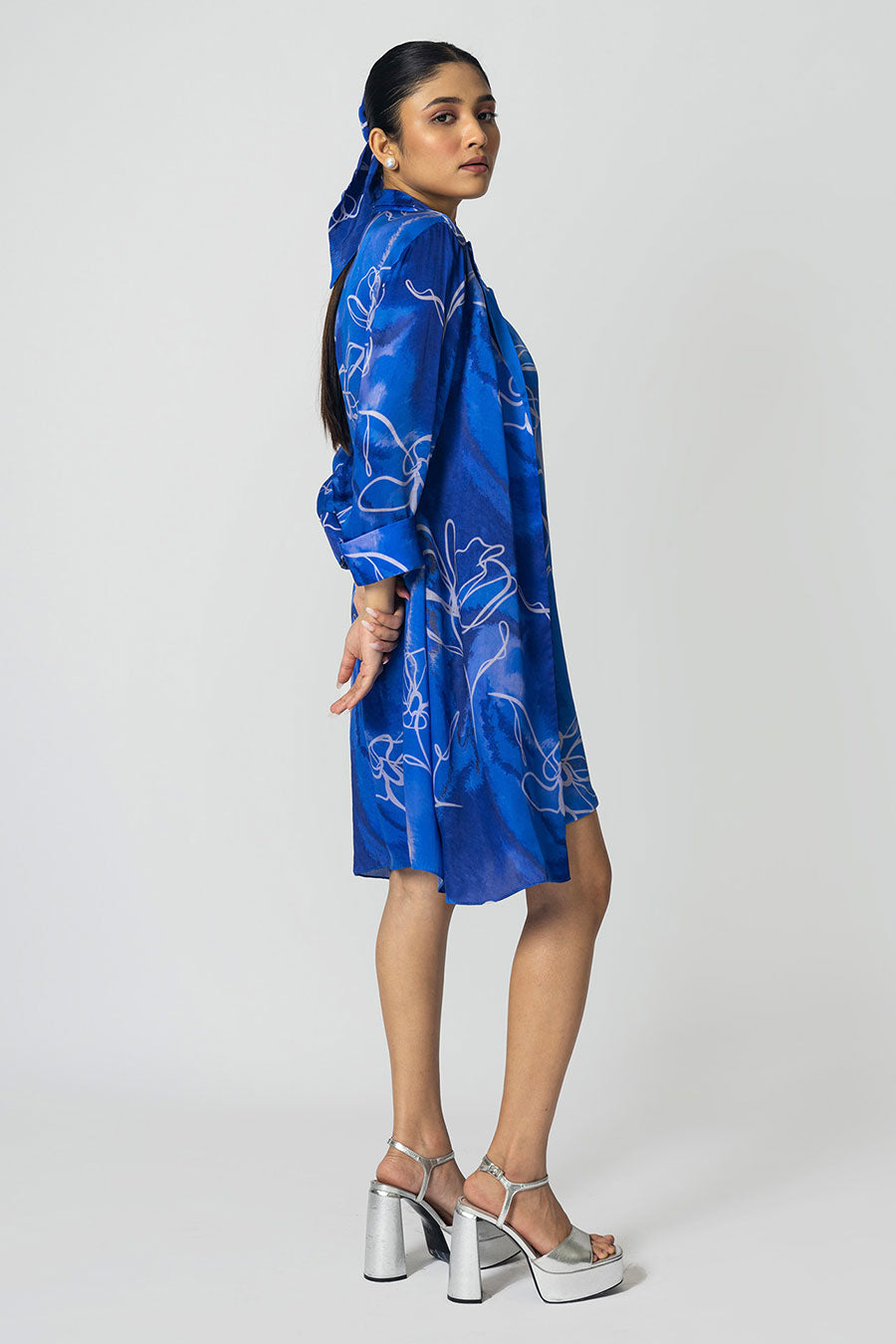 Blue Marbled Floral Printed Jacket With Slip Dress