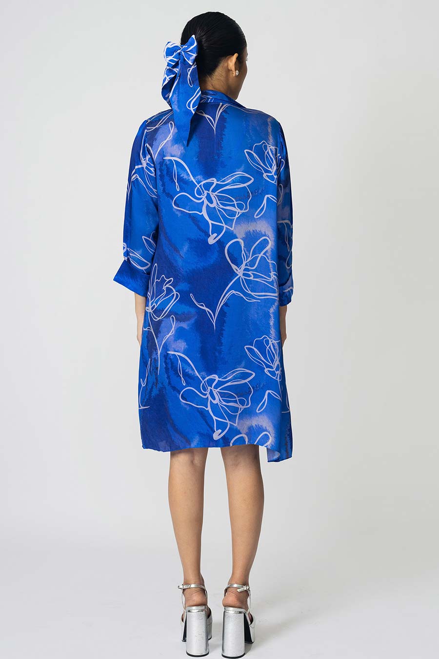 Blue Marbled Floral Printed Jacket With Slip Dress