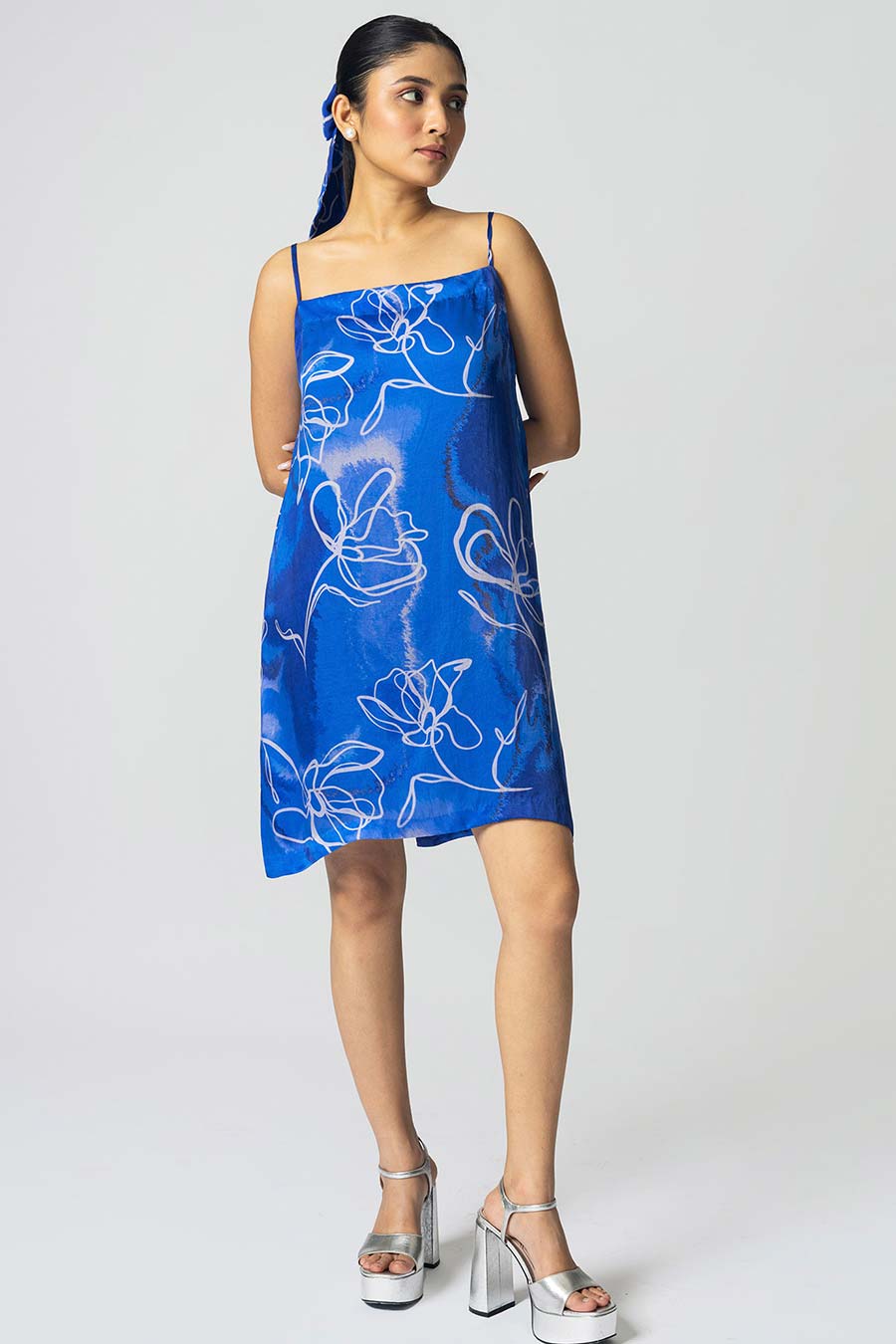 Blue Marbled Floral Printed Jacket With Slip Dress