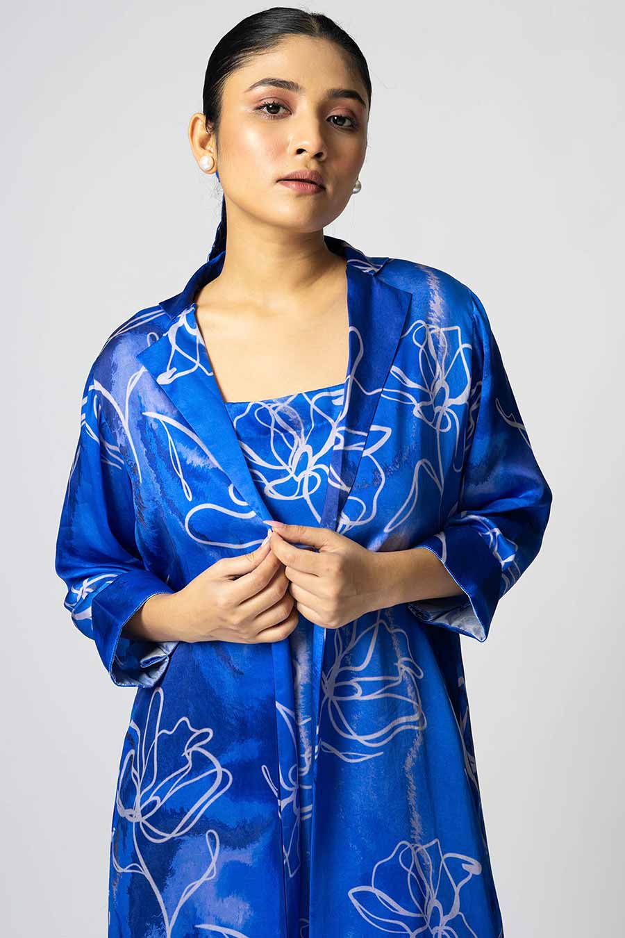 Blue Marbled Floral Printed Jacket With Slip Dress