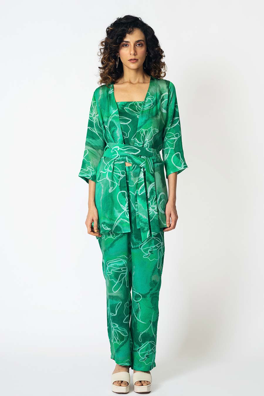 Green Marbled Floral Printed Jacket & Pant Set With Inner