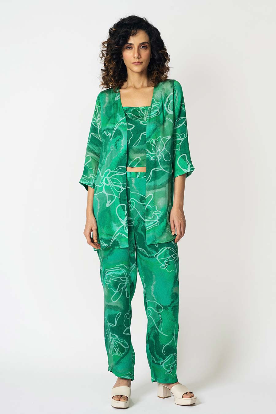 Green Marbled Floral Printed Jacket & Pant Set With Inner