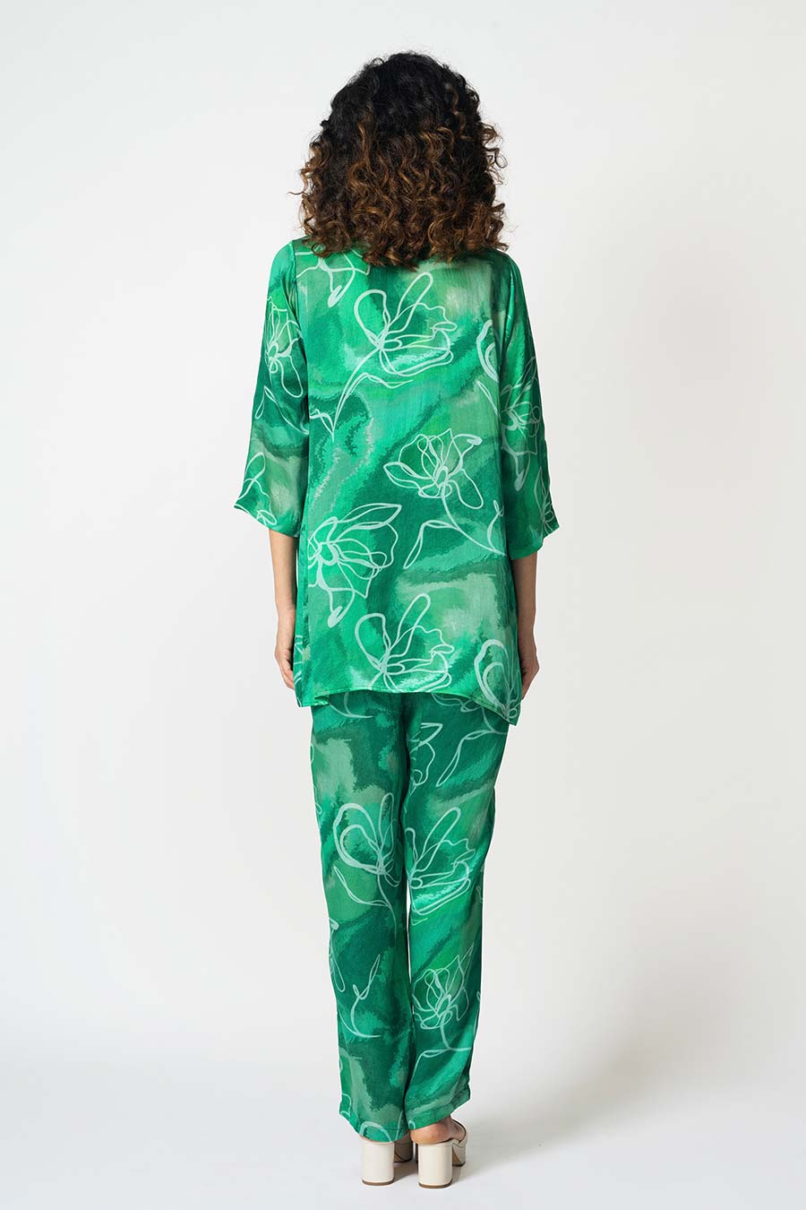 Green Marbled Floral Printed Jacket & Pant Set With Inner
