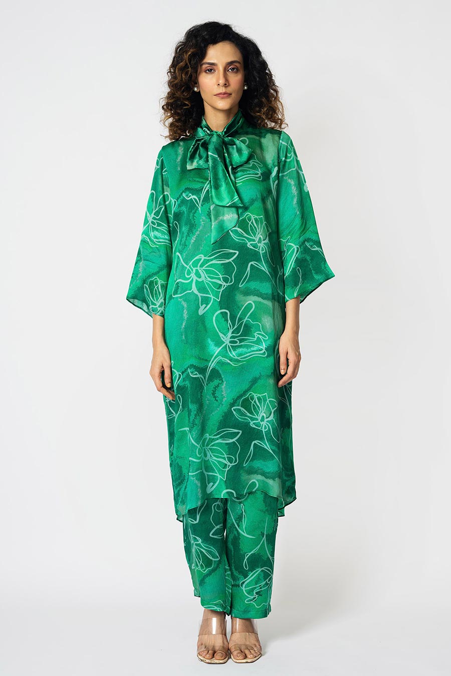 Green Marbled Floral Printed Tunic & Pant Set