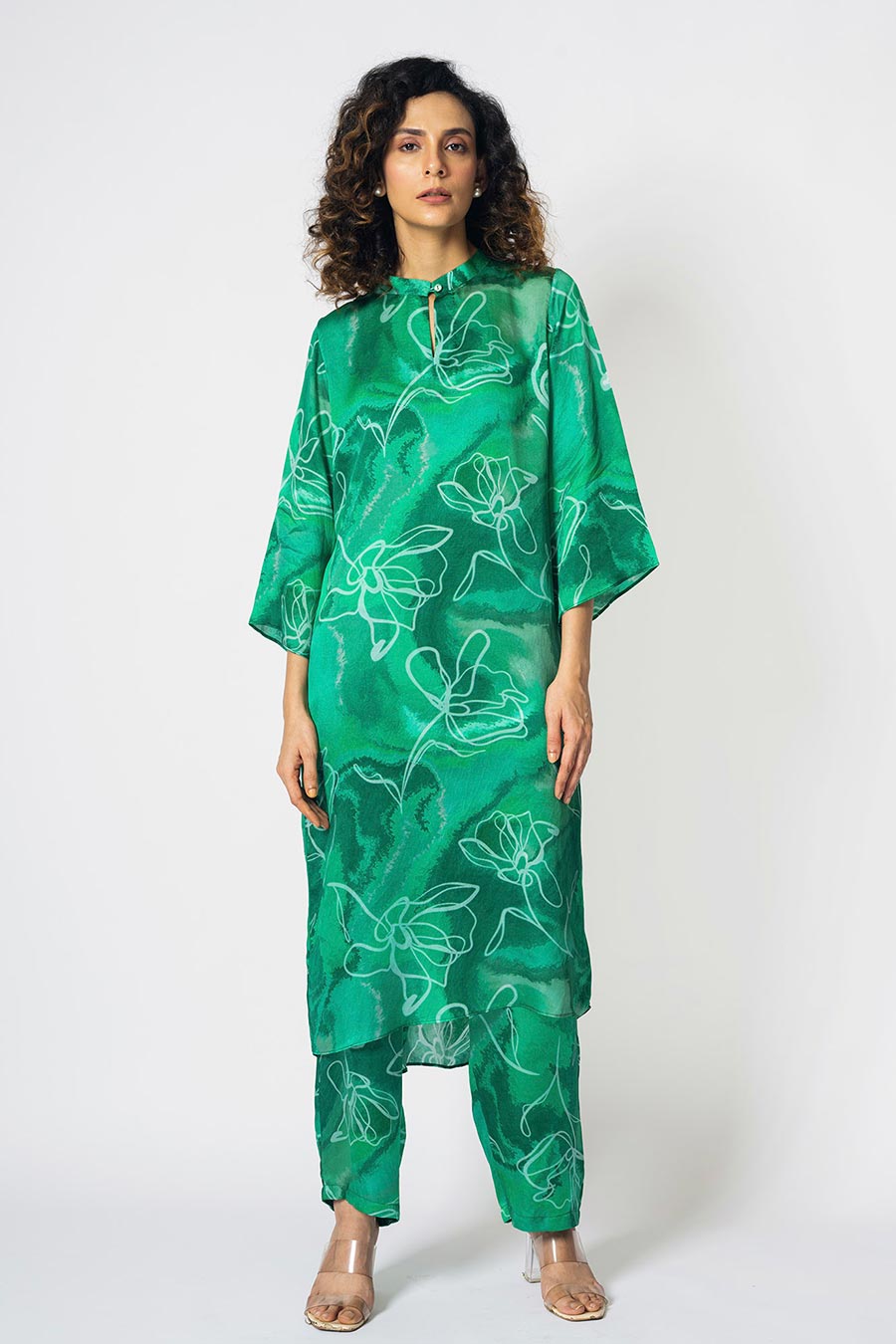 Green Marbled Floral Printed Tunic & Pant Set