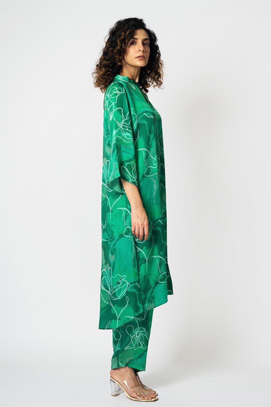 Green Marbled Floral Printed Tunic & Pant Set