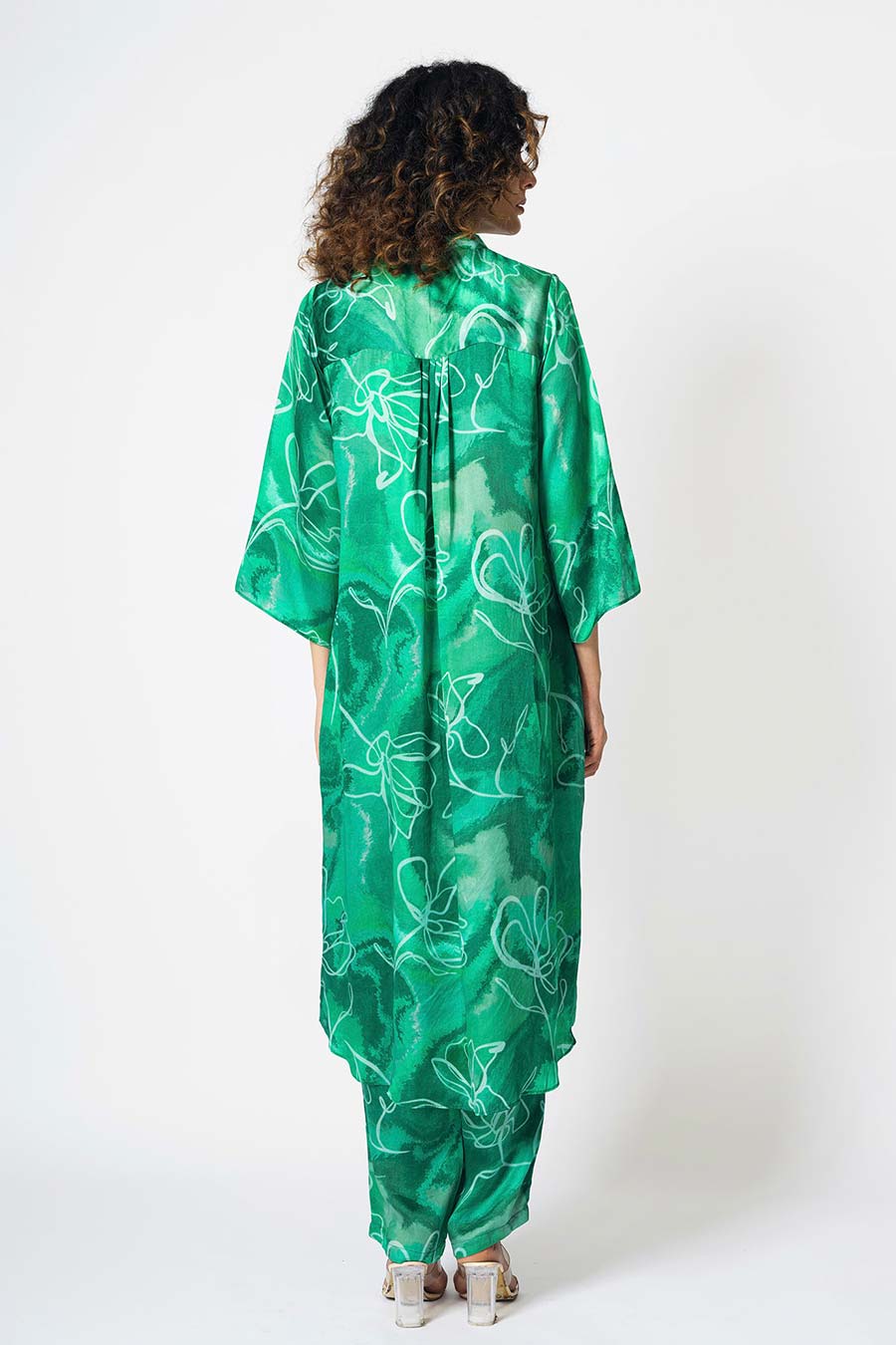 Green Marbled Floral Printed Tunic & Pant Set