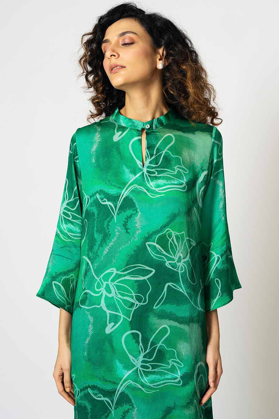 Green Marbled Floral Printed Tunic & Pant Set