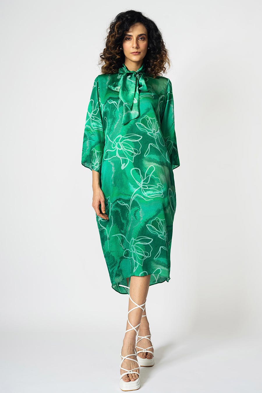 Green Marbled Floral Printed Long Dress With Scarf