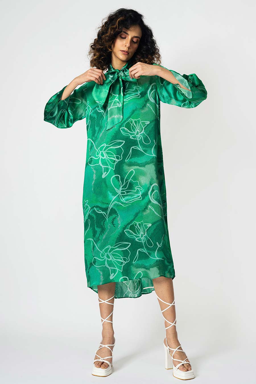 Green Marbled Floral Printed Long Dress With Scarf