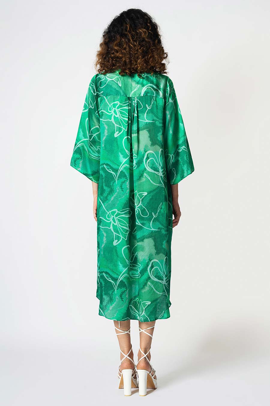 Green Marbled Floral Printed Long Dress With Scarf