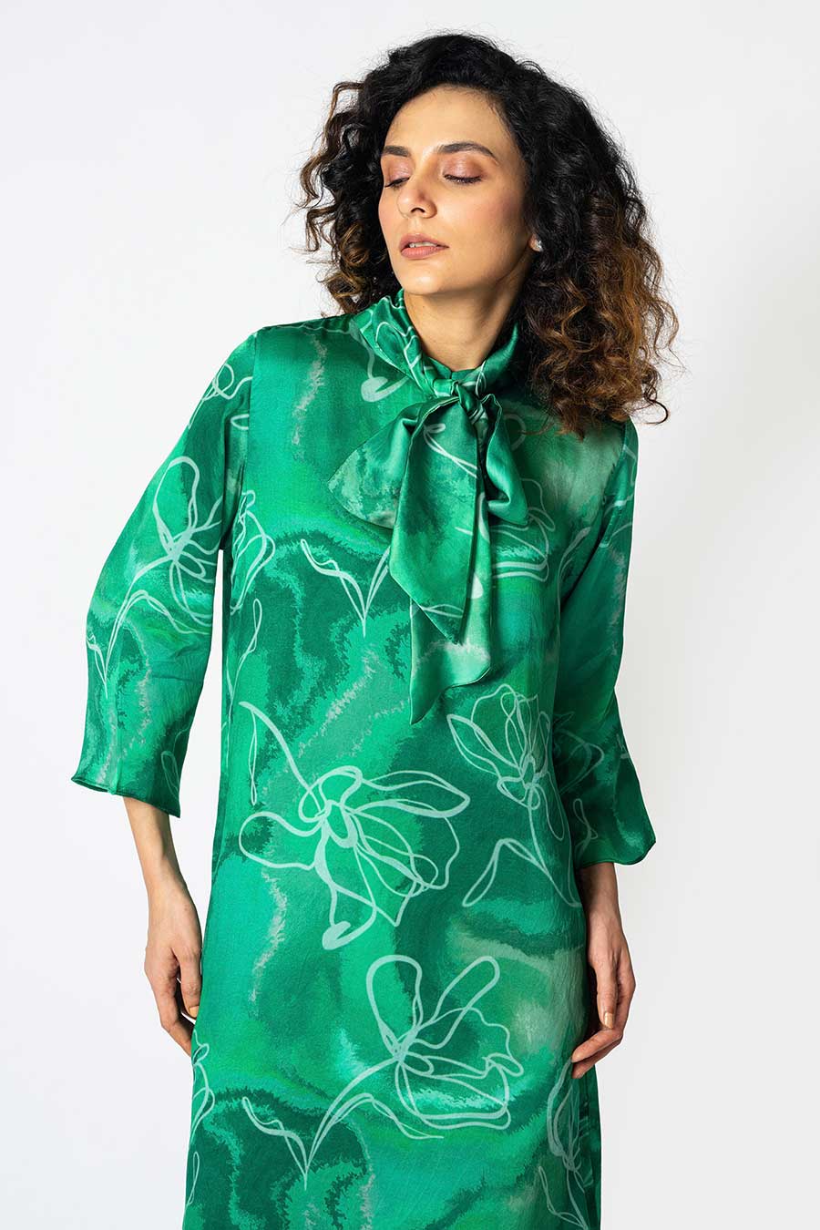 Green Marbled Floral Printed Long Dress With Scarf