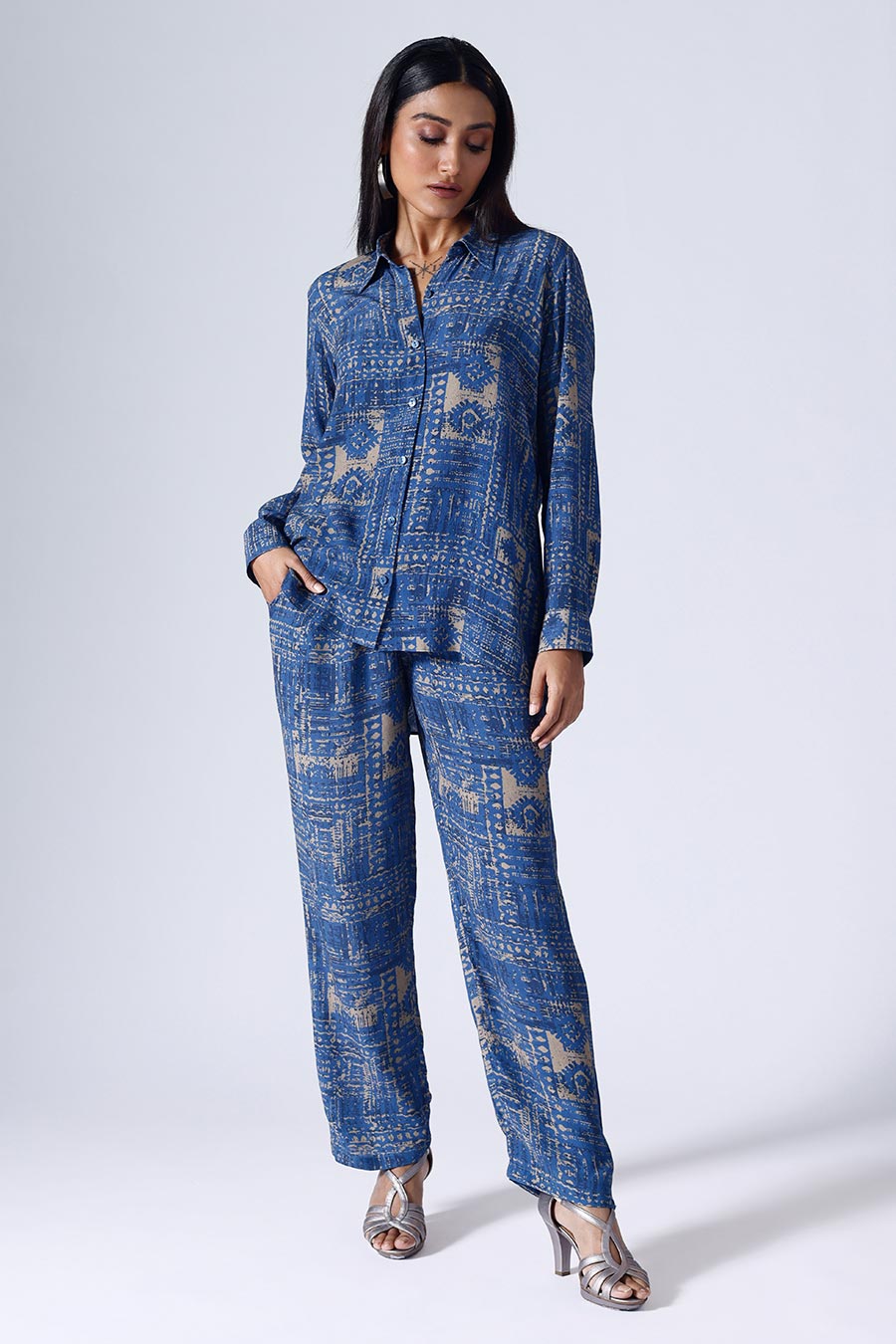 Blue Moroccon Shirt & Pant Co-Ord Set
