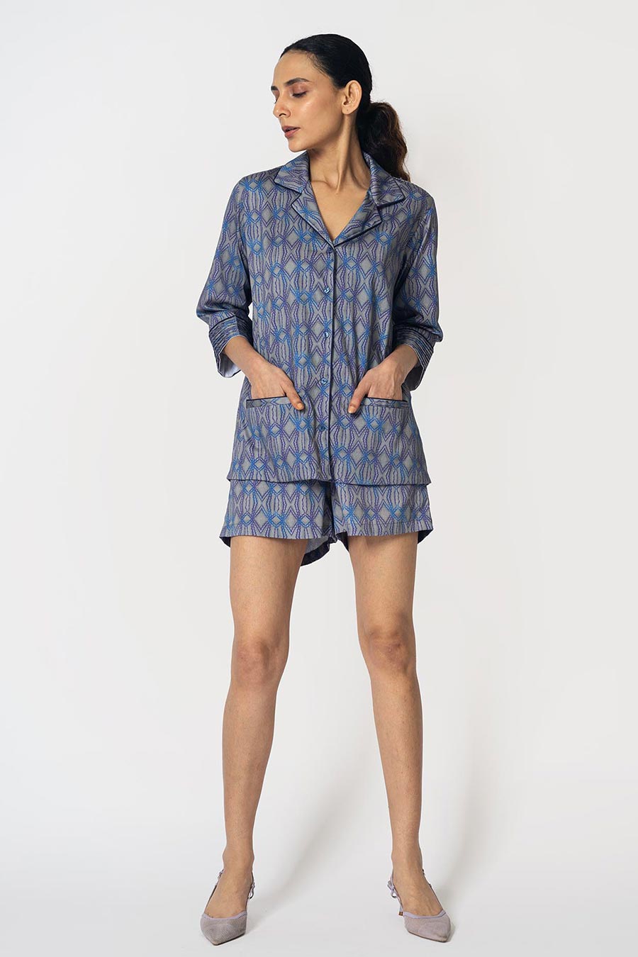 Grey Rhombus Printed Shirt & Shorts Co-Ord Set