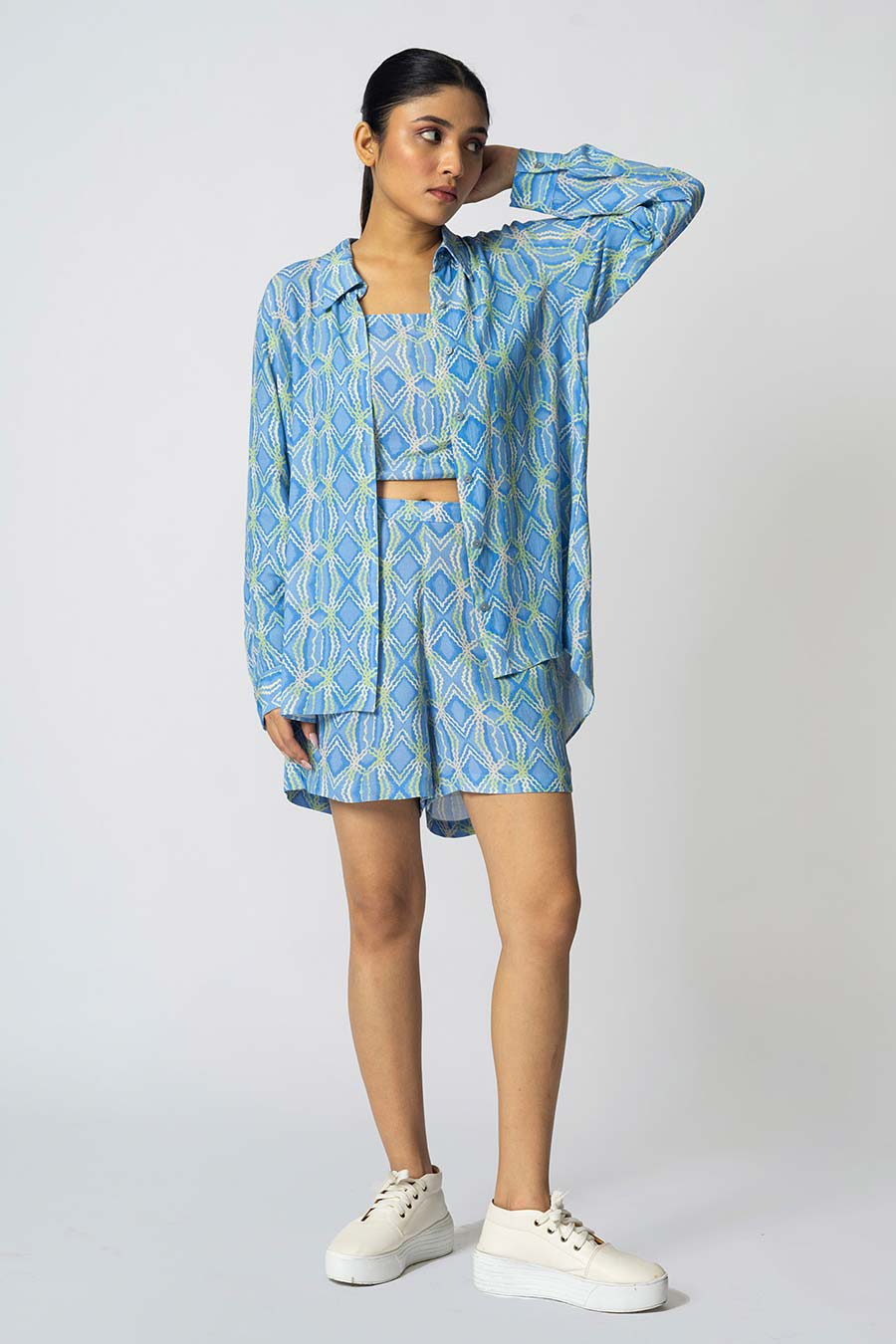 Blue & Green Rhombus Printed Shorts Set With Inner