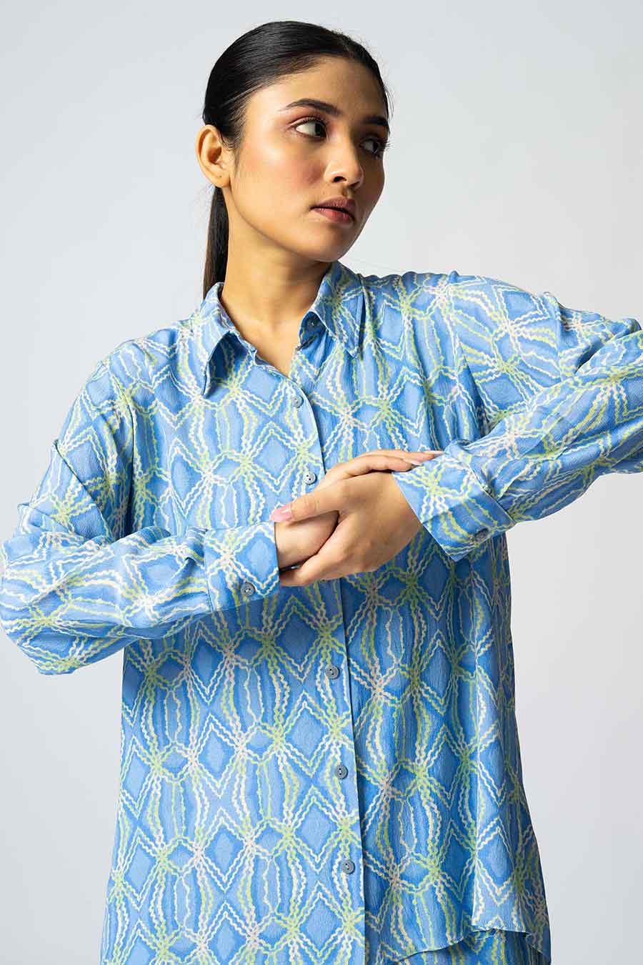 Blue & Green Rhombus Printed Shorts Set With Inner