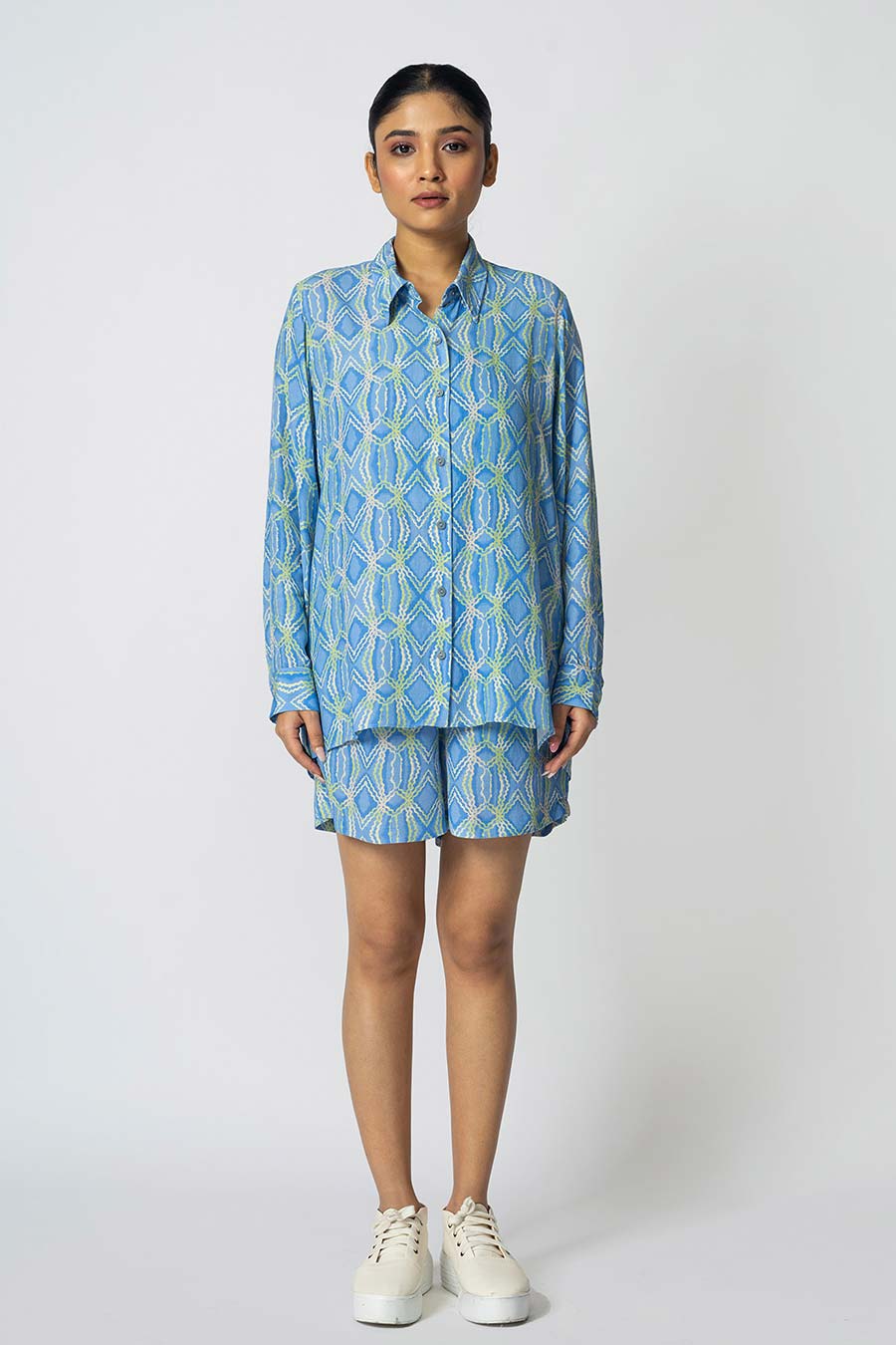 Blue & Green Rhombus Printed Shirt & Shorts Co-Ord Set