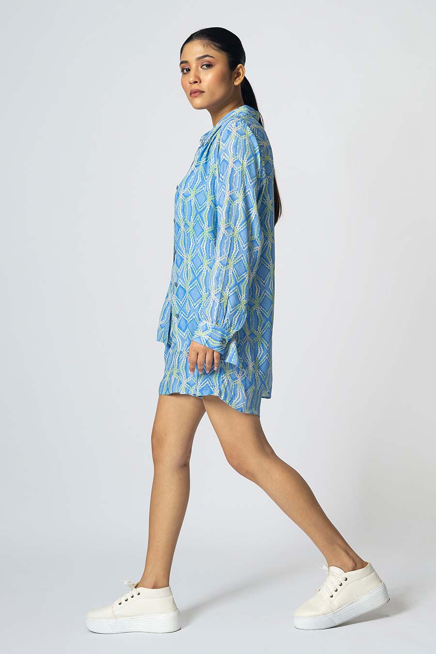 Blue & Green Rhombus Printed Shirt & Shorts Co-Ord Set