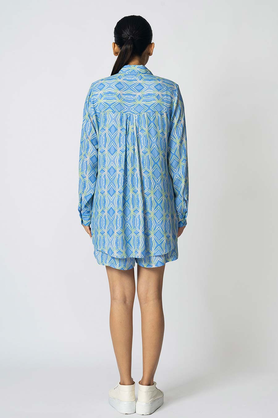 Blue & Green Rhombus Printed Shirt & Shorts Co-Ord Set