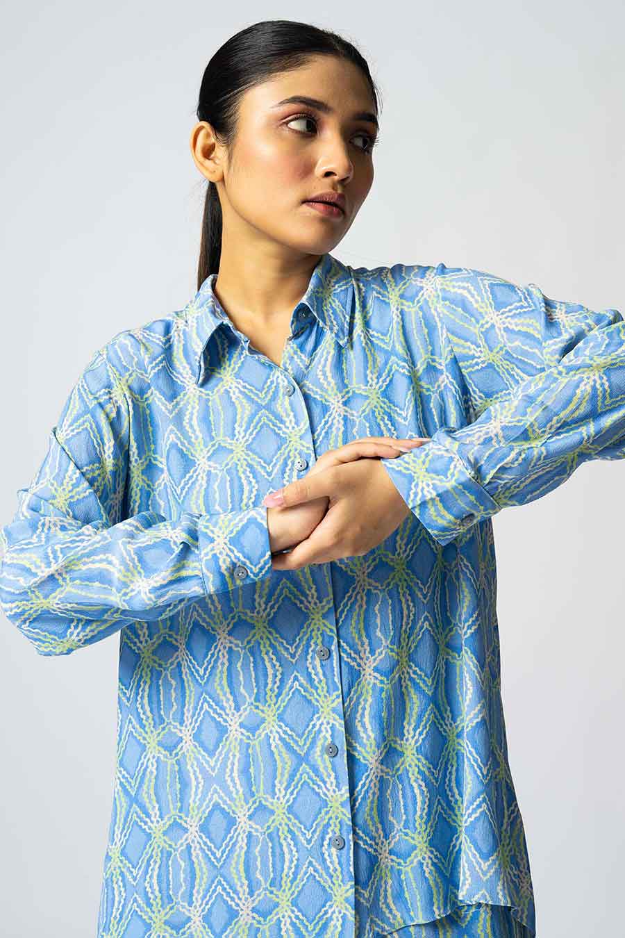 Blue & Green Rhombus Printed Shirt & Shorts Co-Ord Set