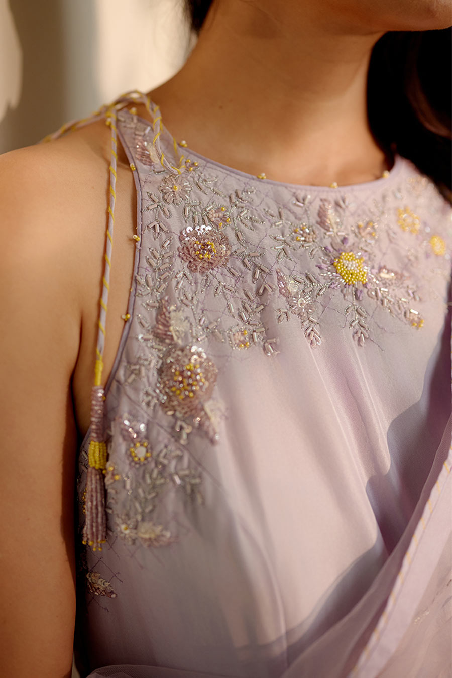 Lilac & Yellow Bunch Embroidered Kurta Set