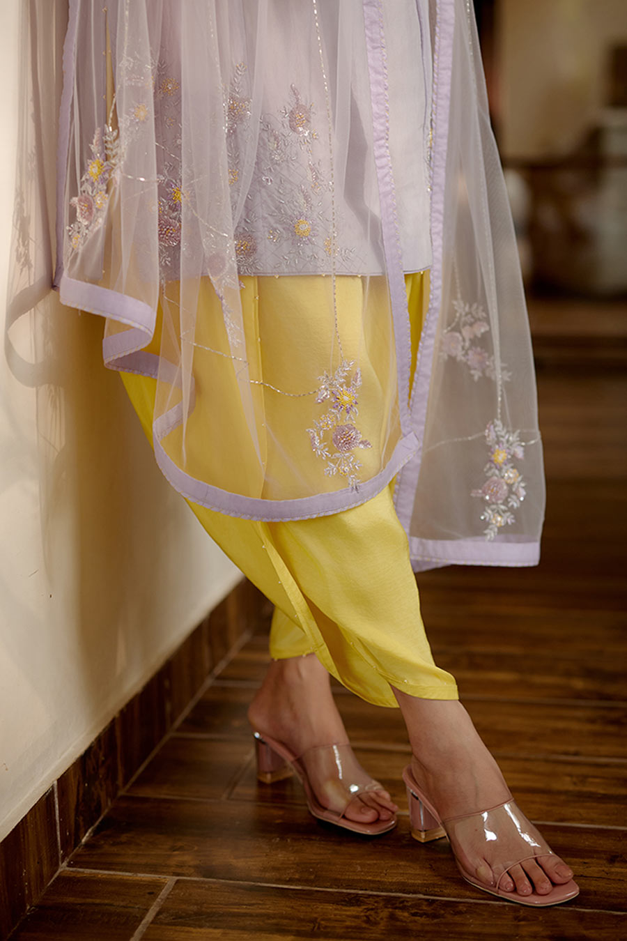 Lilac & Yellow Bunch Embroidered Kurta Set