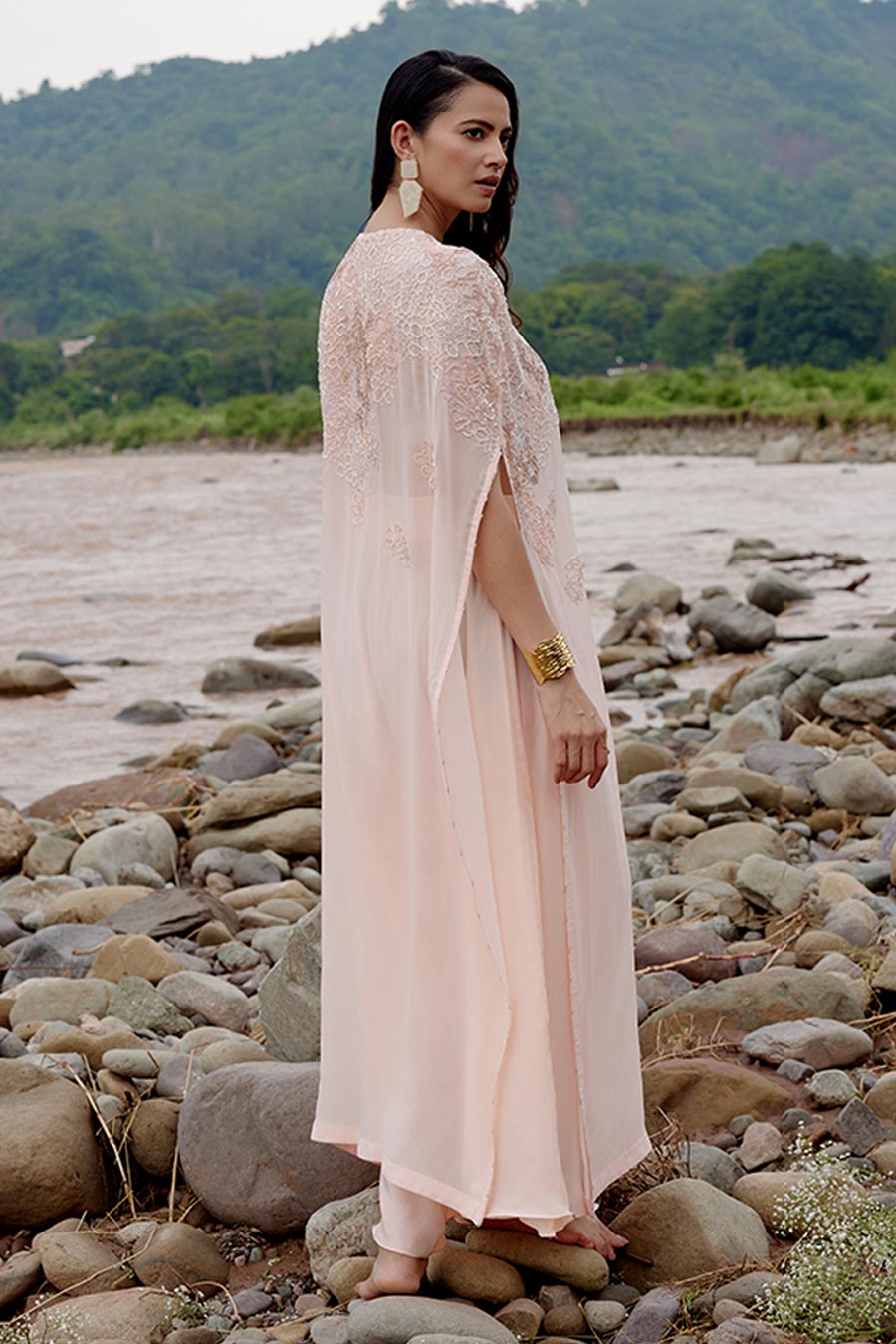 Peach Enigma Embroidered Kaftan & Pant Set