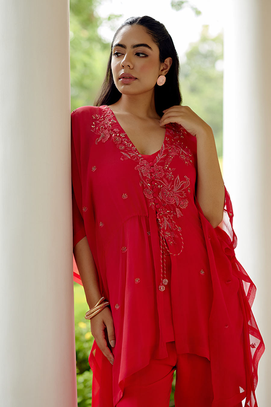 Red Zinnia Embroidered Kaftan & Pant Set